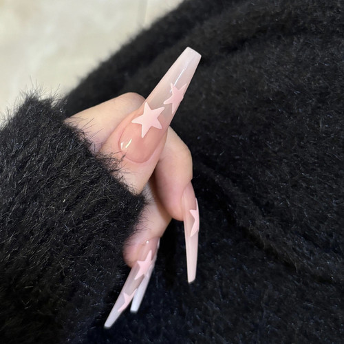 【裸粉星】裸色手绘粉五角星纯手工穿戴甲小香风长款显白穿戴美甲 - 图0