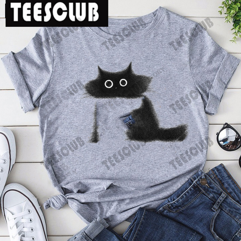 Black Cat T-shirt卡通毛绒黑猫印花男女同款灰色短袖T恤学生上衣