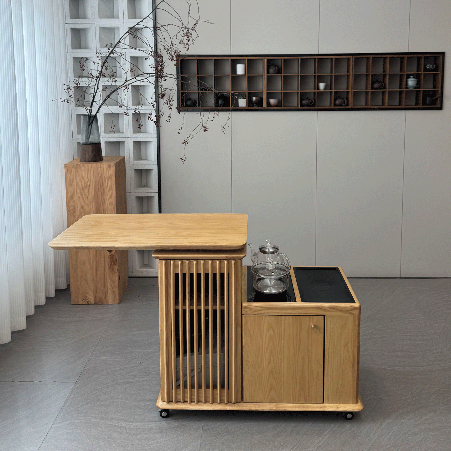 新中式小户型茶桌实木茶台家用客厅茶室简约储物茶几旋转折叠茶台,淘宝优惠券,粉丝福利购,淘宝优惠卷