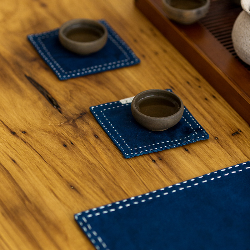 春圆 古法蓝染刺子绣茶席茶杯垫 手工布艺全棉日式餐垫 - 图0