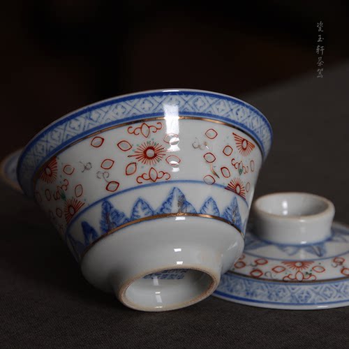 景德镇陶瓷茶具老厂货80年代青花玲珑斗彩三才盖碗单个敬茶碗大号_虎窝淘
