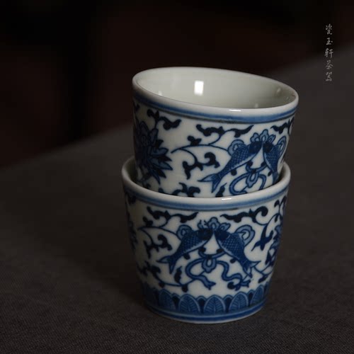 景德镇瓷玉轩陶瓷茶具茶道配件老厂货青花贴花缠枝纹双鱼品杯单个 - 图1