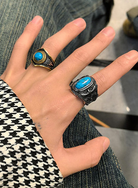 美式嘻哈个性老鹰绿色松石戒指男