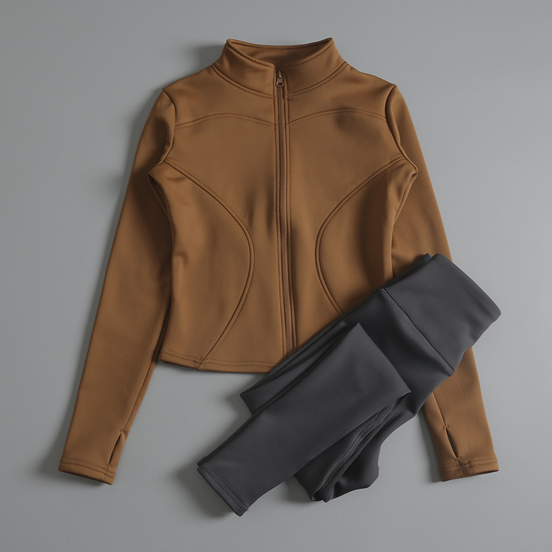 加绒瑜伽套装女款秋冬显瘦加厚外套紧身速干衣专业健身跑步运动服 - 图2