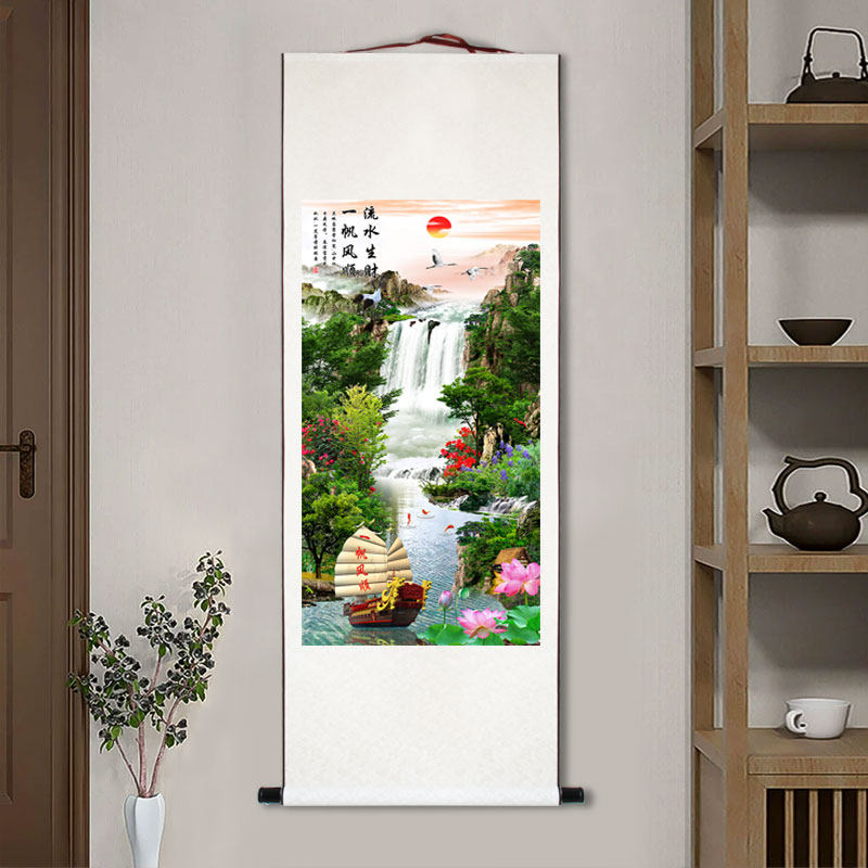 国画山水画风景画靠山图客厅办公室竖版卷轴画流水生财装饰画挂轴