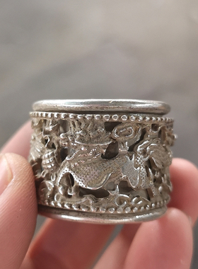光绪麒麟戒指双层可转动古玩杂项