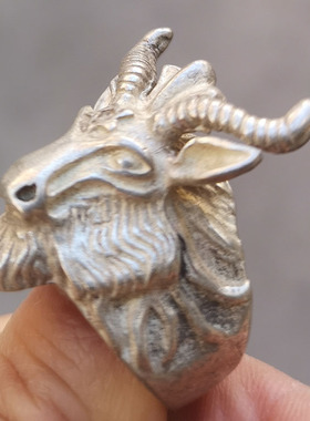 古玩杂项收藏仿古合金铜羊头戒指 个性扳指男士指环