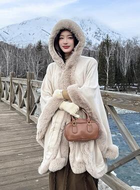 毛毛领连帽披肩女秋冬季长款斗篷毛绒绒大衣披风时尚保暖外套百搭