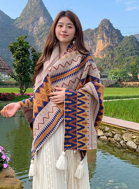 波西米亚复古针织盖毯民族风披肩女夏季度假风保暖围巾沙发露营毯