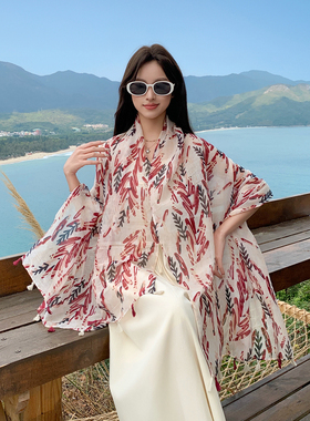 韩版百搭植物花卉印花丝巾女夏季浅绿色防晒披肩长方形纱巾围巾薄