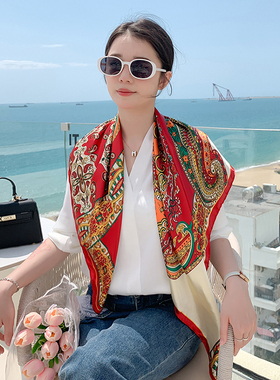 氛围感红色腰果花丝巾90CM仿真丝方巾女领巾海边包头围巾防晒披肩