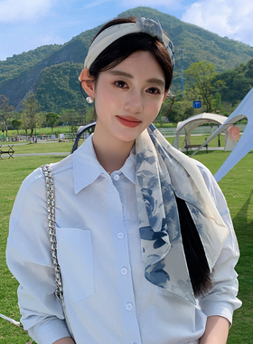 韩版乔其纱斜角飘带丝巾夏季装饰领巾女百搭系带休闲围巾长款纱巾