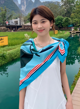复古条纹小方巾女夏季防晒丝巾海边沙滩包头巾百搭薄款气质款围巾