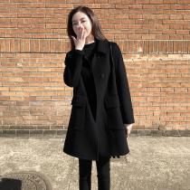 Double face cashmere big coat woman little guy 2023 autumn winter new black high-end mid-length hairless fur coat