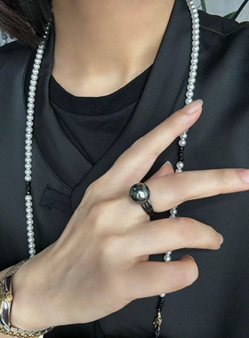 【暗夜精灵】人造仿大溪地拉贡黑珍珠开口戒指简约大气指环