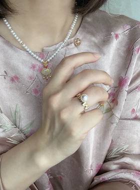 人造仿akoya天女珍珠S925纯银M造型开口可调节戒指气质时尚女