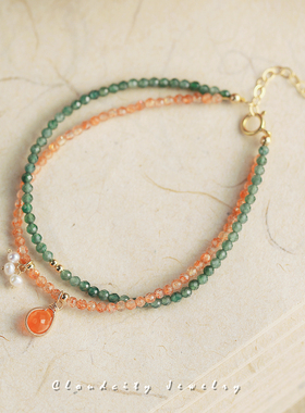 金莓Cloudcity原创设计精致翡翠金太阳石14K注金双层设计手作手链