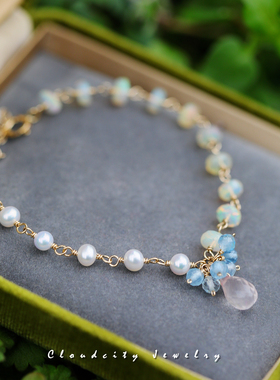 山阅Cloudcity原创设计精致早春新品黄欧泊珍珠粉晶14K手作手链