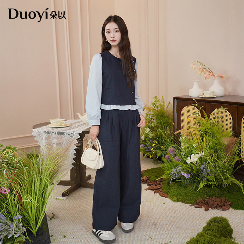 朵以2025秋季新款撞色拼接荷叶边泡泡袖假两件圆领上衣阔腿裤套装,淘宝优惠券,粉丝福利购,淘宝优惠卷