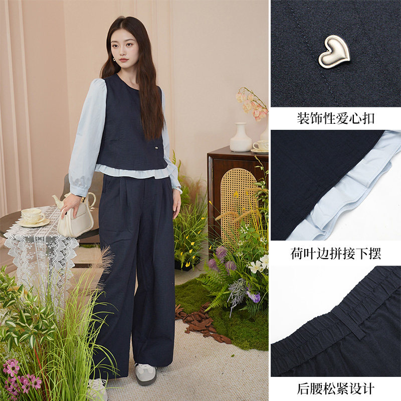 朵以2025秋季新款撞色拼接荷叶边泡泡袖假两件圆领上衣阔腿裤套装,淘宝优惠券,粉丝福利购,淘宝优惠卷