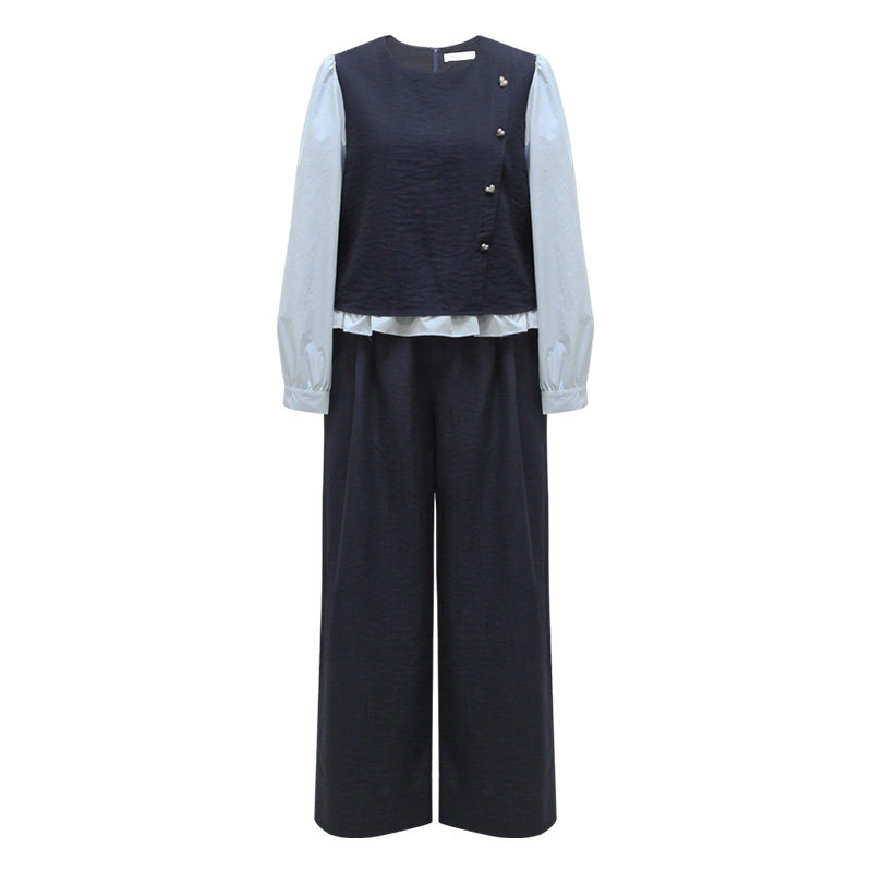 朵以2025秋季新款撞色拼接荷叶边泡泡袖假两件圆领上衣阔腿裤套装,淘宝优惠券,粉丝福利购,淘宝优惠卷