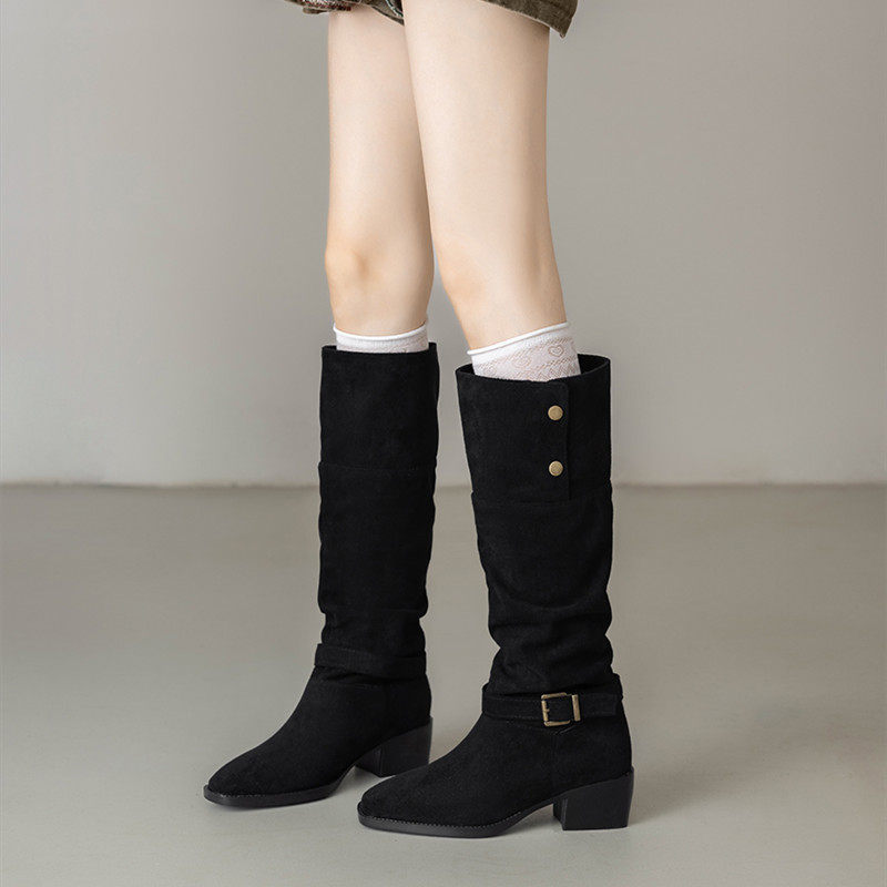 美拉德堆堆靴女粗跟2025新款中跟西部牛仔靴英伦风方头高筒骑士靴,淘宝优惠券,粉丝福利购,淘宝优惠卷