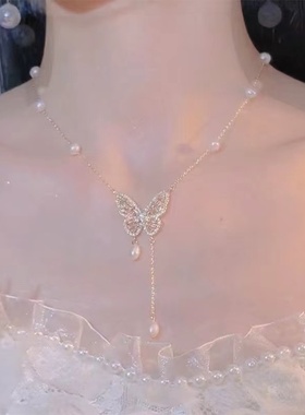 超仙蝴蝶珍珠项链小众网红锁骨链