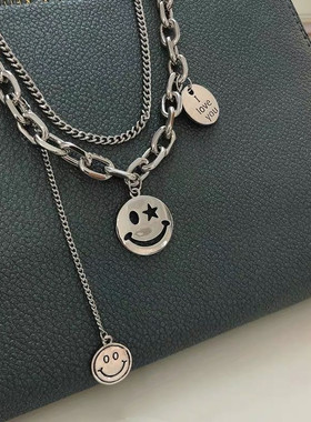 笑脸双层锁骨链女嘻哈粗链子圆牌