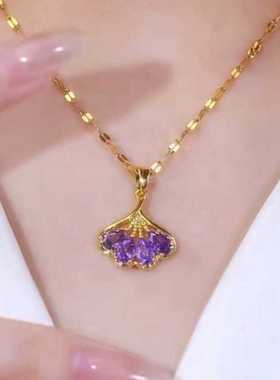 2024新款爆款紫色锆石银杏叶项链