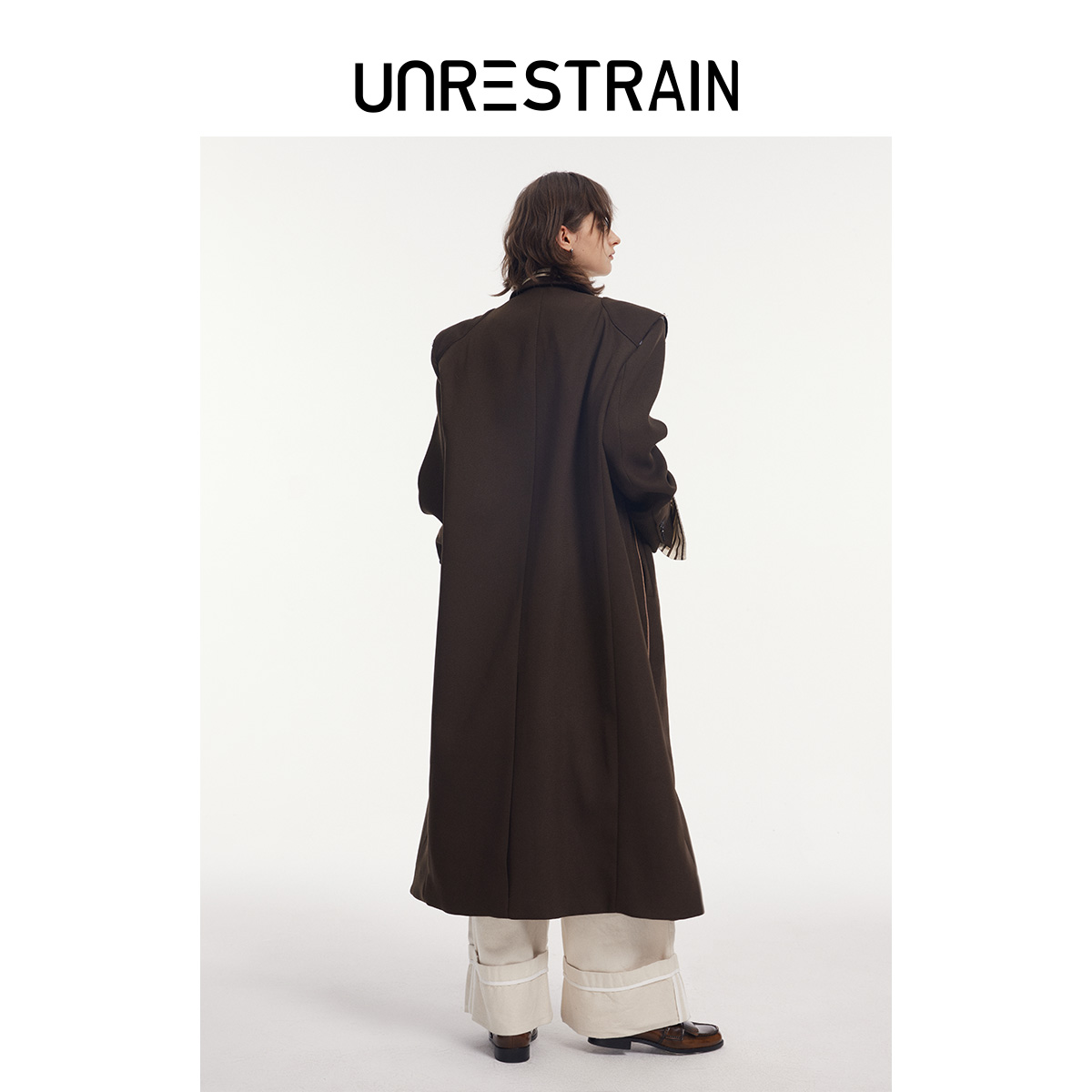 【UNRESTRAIN】UNR设计师品牌24早春棕色廓形长款大衣厚款风衣女