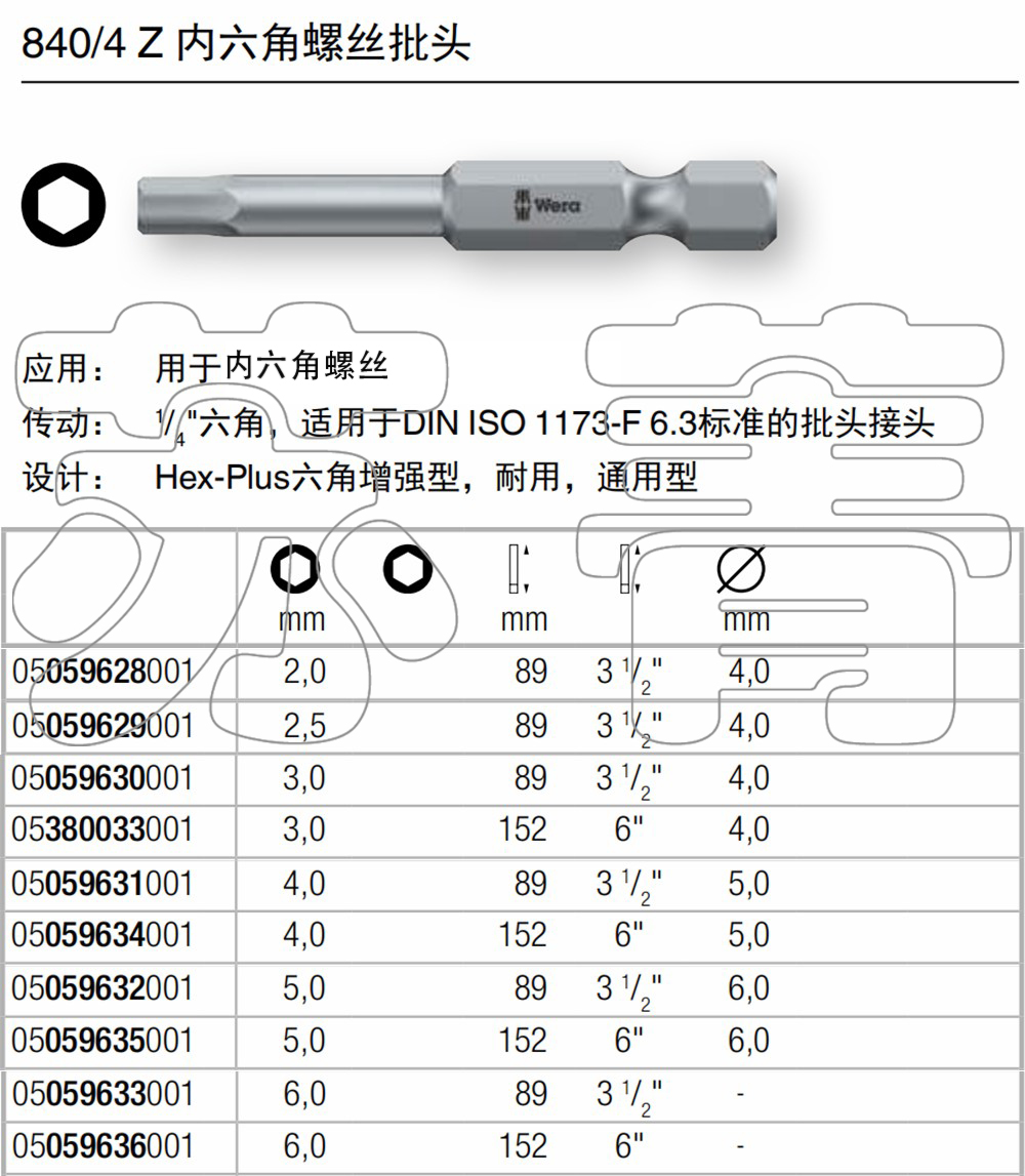 德国Wera维拉840/4 Z内六角螺丝批头 特种合金刚 加长款 全长89mm - 图2