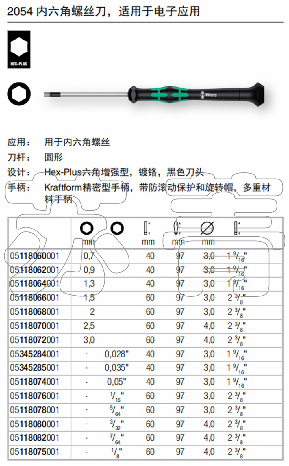 德国Wera维拉内六角螺丝刀2054系列0.7/0.9/1.3/1.5/2.0/3.0mm