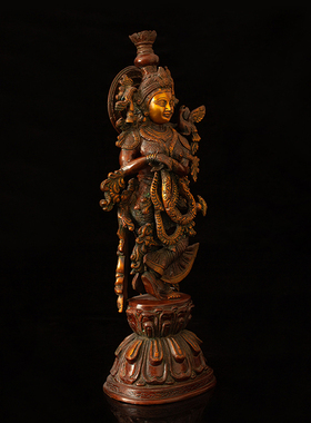 印度奎师那精雕铜像 Krishna玄关客厅瑜伽馆手工铜雕艺术装饰摆件