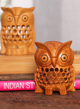 手工精雕黄杨木猫头鹰摆件东南亚