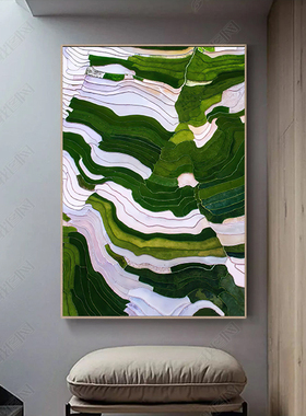 新中式抽象梯田珐琅彩浮雕立体肌理装饰画玄关绿色线条极简竖挂画