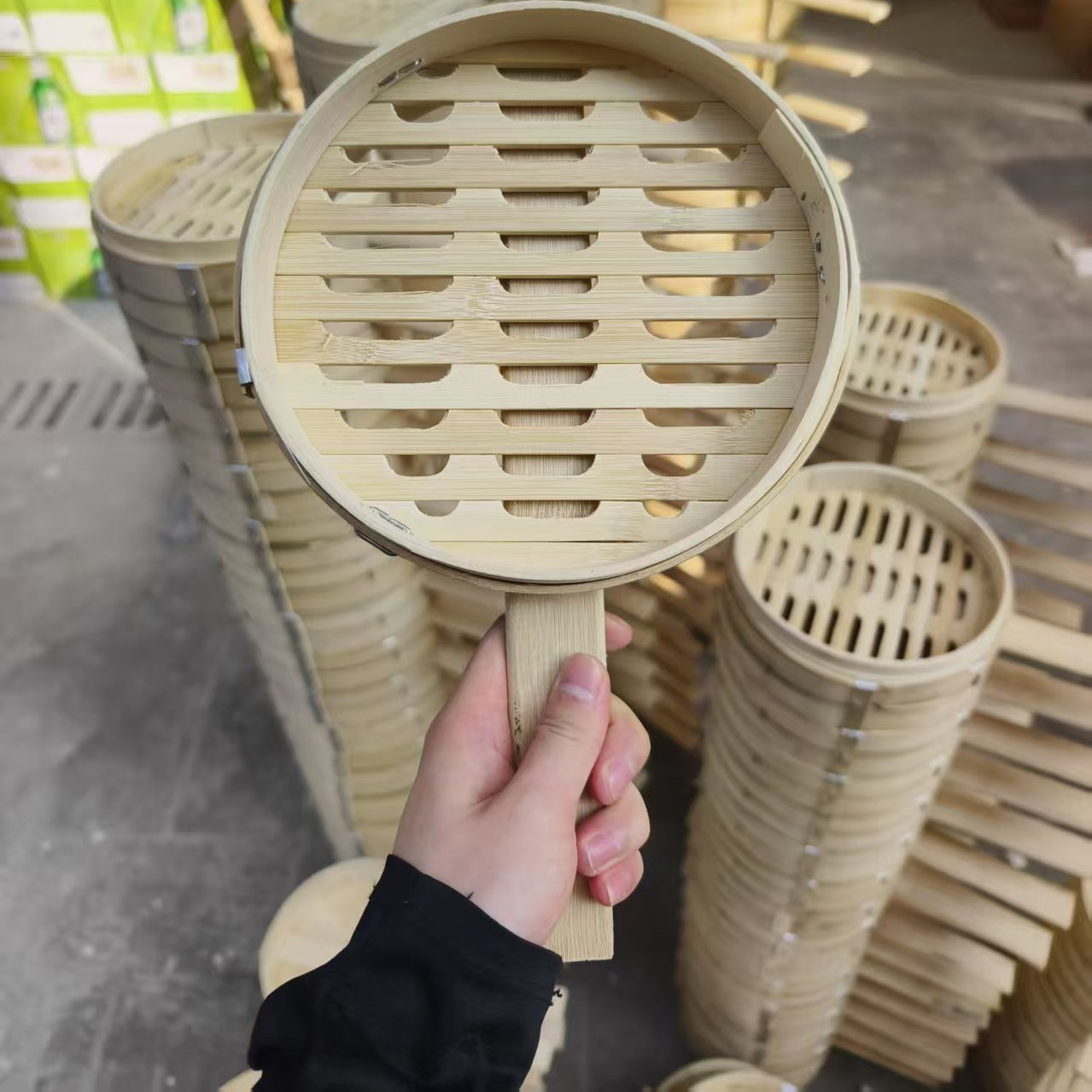 蒸笼商用浅口竹制小笼包笼屉单边长手柄包工坊不锈钢钉绑扎双手柄 - 图1
