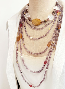 【原创孤品】天然水晶石头玛瑙珍珠超长毛衣链项链原宿新中式配饰