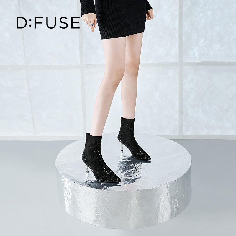 DFuse迪芙斯秋冬尖头烫钻高跟时装靴短靴女靴DF24116531