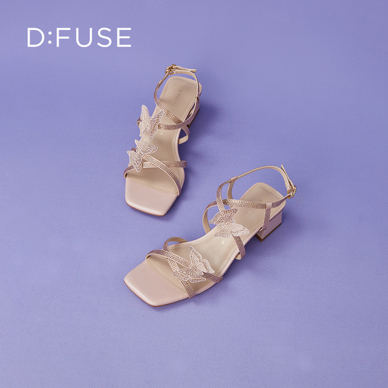 DFuse迪芙斯夏季新款方头烫钻蝴蝶结仙女鞋凉鞋DF32115320