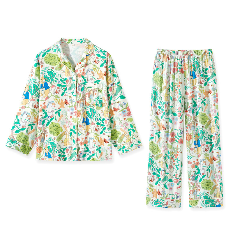 双层纱布竹棉开衫女士睡衣秋季卡通花卉修身显瘦长袖长裤居家套装,淘宝优惠券,粉丝福利购,淘宝优惠卷