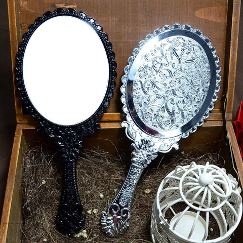 美容院化妆镜复古韩国纹绣手柄镜便携随身手持折叠桌面台式小镜子
