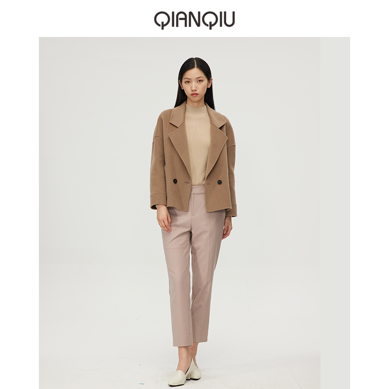 浅秋羊毛双面呢大衣女休闲简约百搭外套女秋季新款9A11230 - 图0