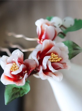 古风料器花发簪中国红孤品现货