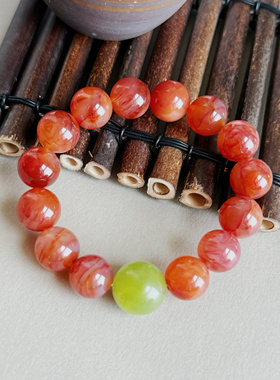 吉运阁「红岫」天然高品红龙纹玛瑙青提岫玉手串