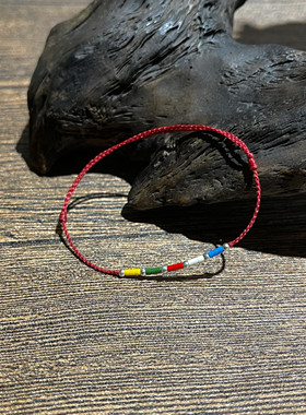 吉运红绳「祈愿」S999纯银珠手绳西藏五色经幡琉璃珠本命年红绳