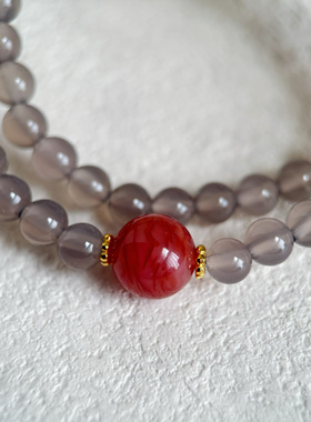 吉运阁「紫烟」925银镀金红龙纹玛瑙天然紫玉髓手串