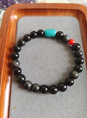 天然黑曜石女款手链 美菱矿 红琉璃  国风