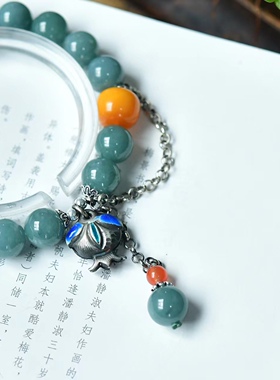 天然A货翡翠手链 银蜜蜡老型珠，磨砂南红，景泰蓝“年年有鱼”