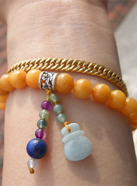 老黄玉8毫米 925银路路通 翡翠钱袋 青金石 设计款 女生手链