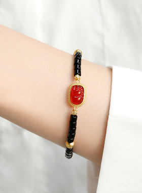 法国chrry koop人造和田玉招财玉貔貅黑色手链时尚潮流风聚财小